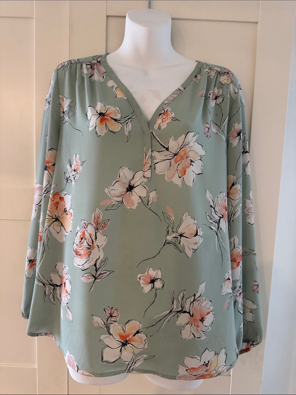Floral V-Neck Blouse in Sage Green by